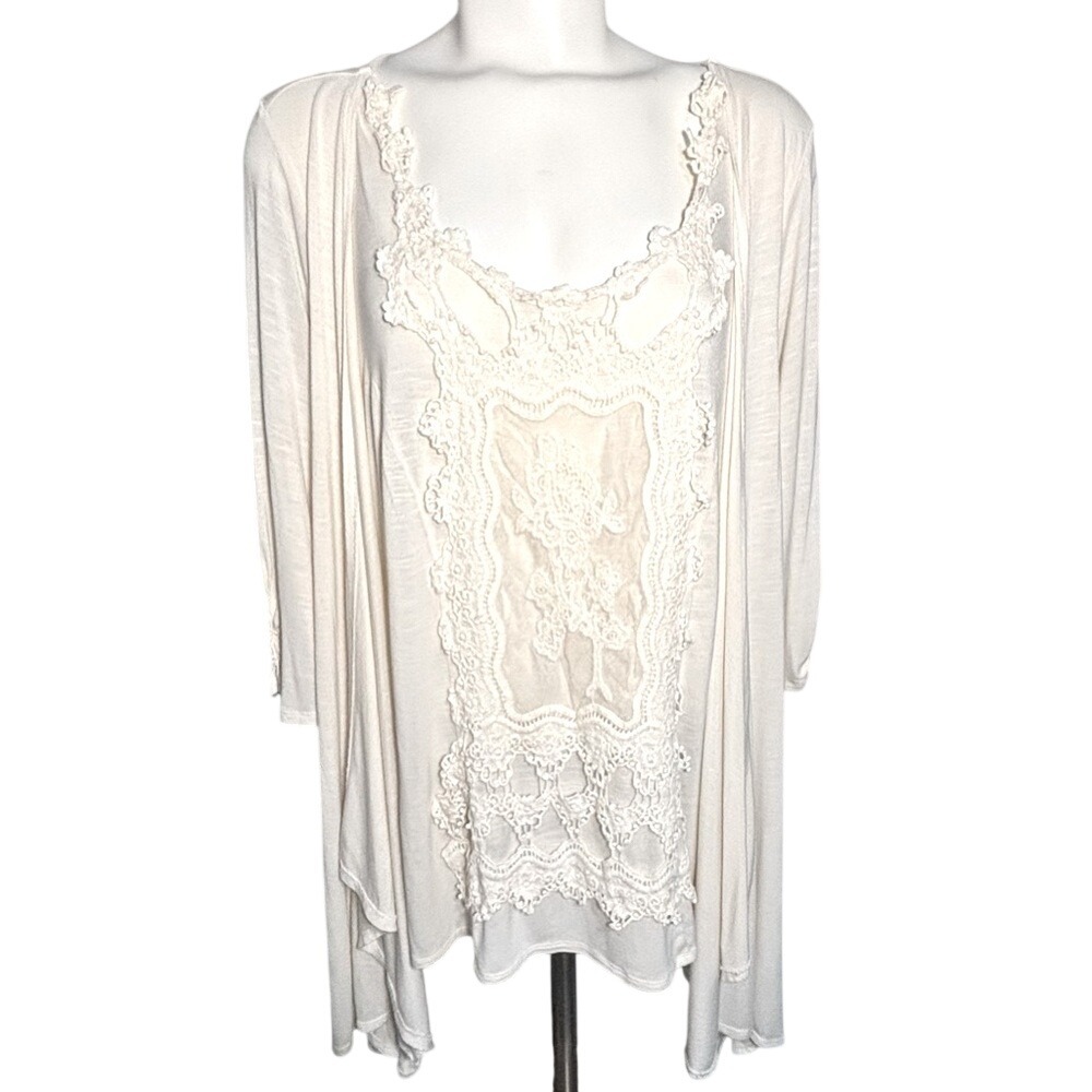 New Directions Women's 2X Cream Lace Detail Top 3/4 Sleeves Pre-Owned